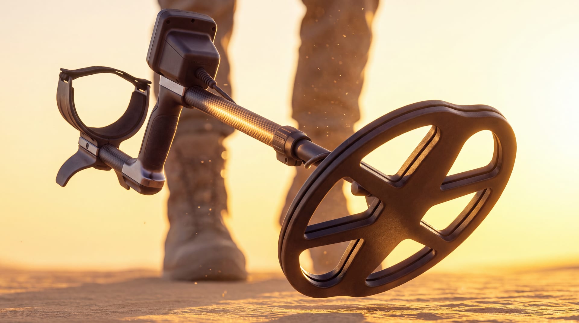 A detector coil sweeping dry ground at last light.
