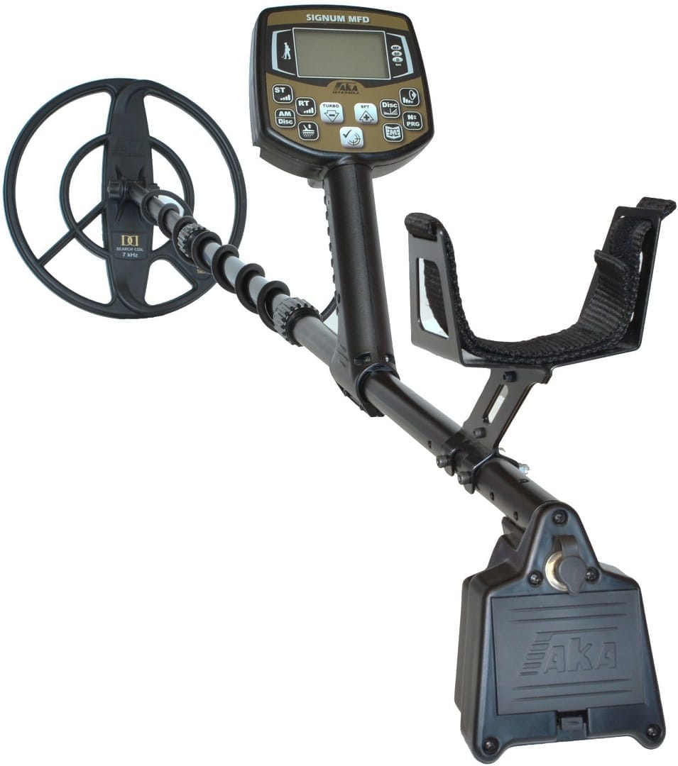 AKA Signum MFD metal detector with DD search coil and armrest on white background