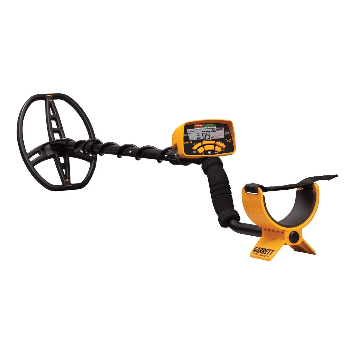 Garrett ACE 400i metal detector with yellow control housing and DD search coil