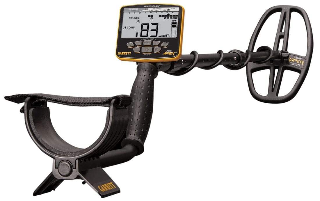 Garrett ACE Apex metal detector with black and yellow control housing and DD Viper search coil