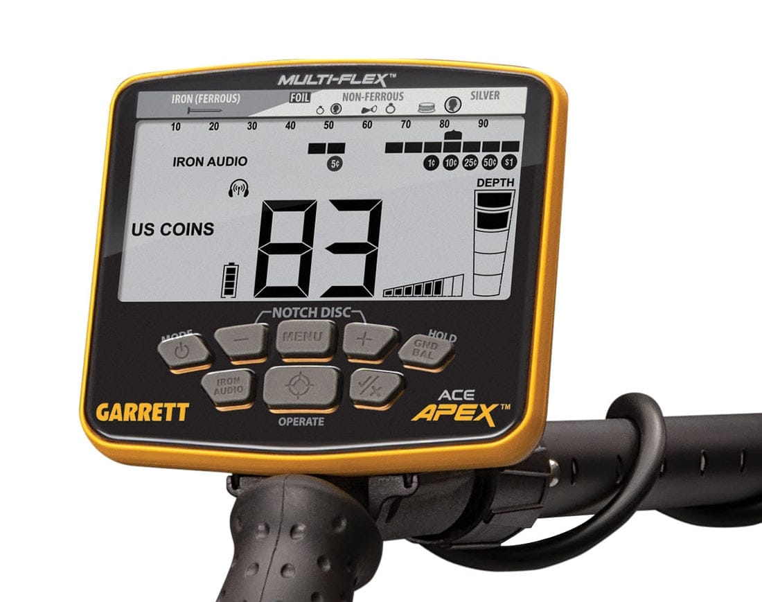 Garrett ACE Apex metal detector control panel close-up showing Multi-Flex display