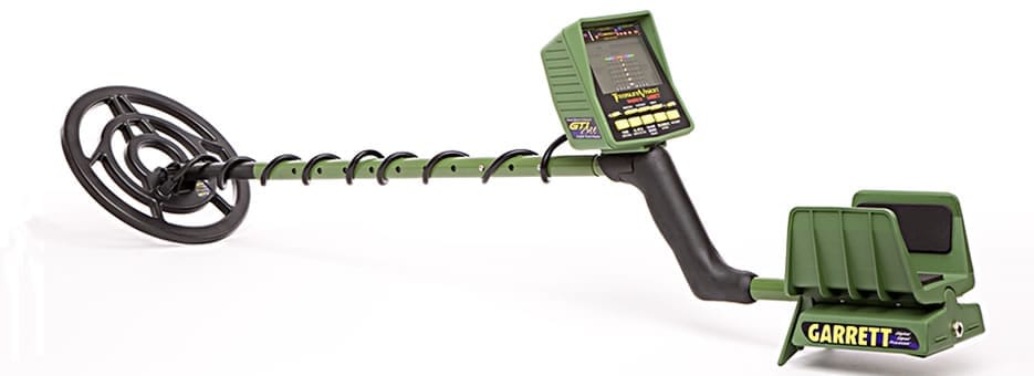 Garrett GTI 2500 metal detector with green control housing and imaging search coil